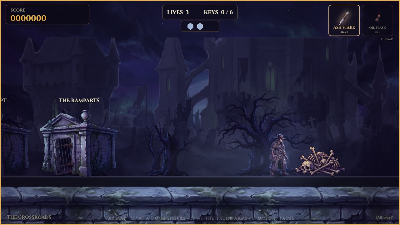 The Crossroads hub: the hunter stands before the mausoleum door to the Ramparts, with 0 of 6 keys