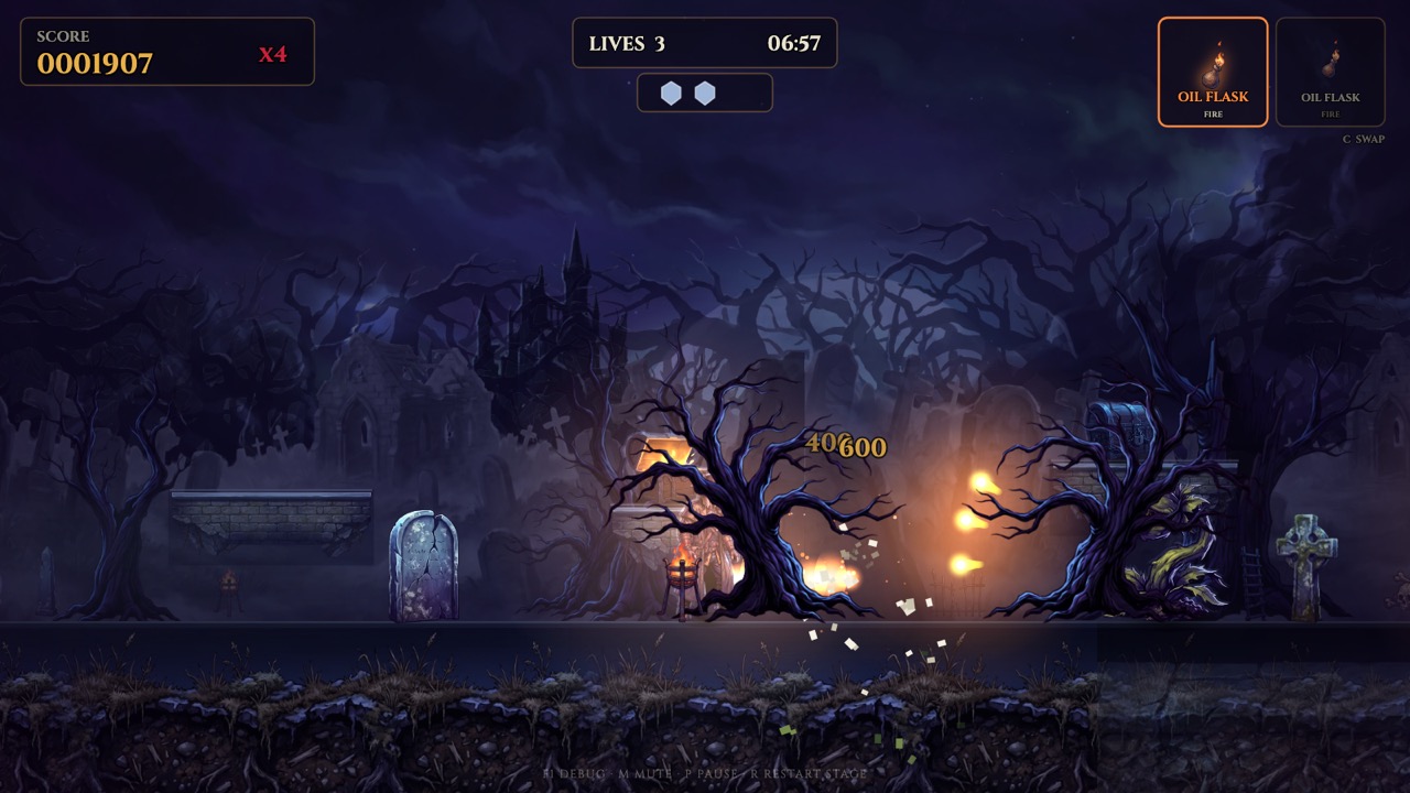 The graveyard: the hunter throws oil flasks at the dead among gnarled trees and tombstones