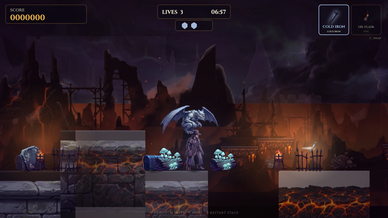 The descent: the hunter crosses lava on crumbling stone while a gargoyle circles
