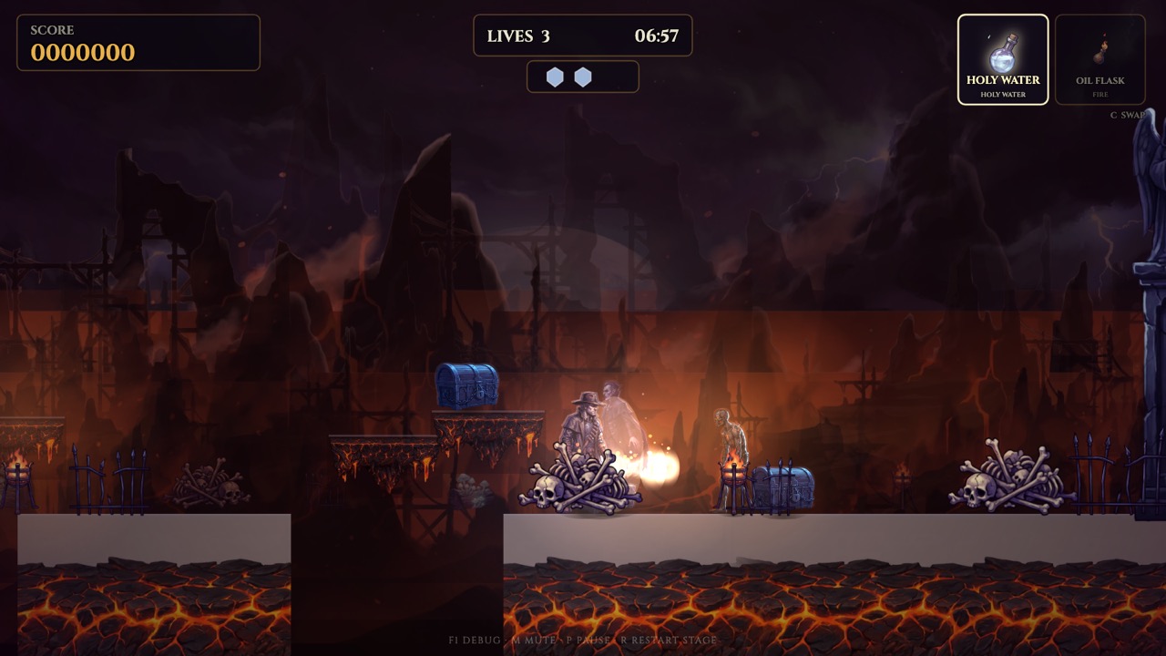 The Hellmouth: the hunter holds holy water as a vampire and a charred zombie close in on a lava floor