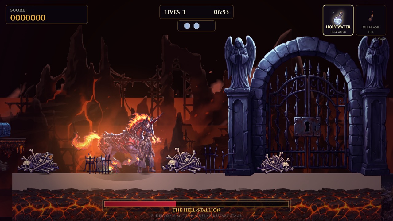 The Hell-Stallion, a burning armoured horse, rears at the hunter before the iron gates of the Hellmouth