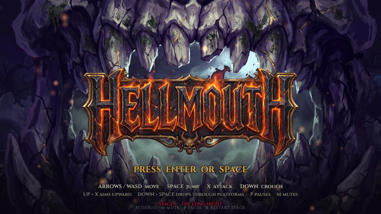 Hellmouth title screen: the hunter in a long coat stands in a moonlit graveyard beneath the game's stone-and-skull logo