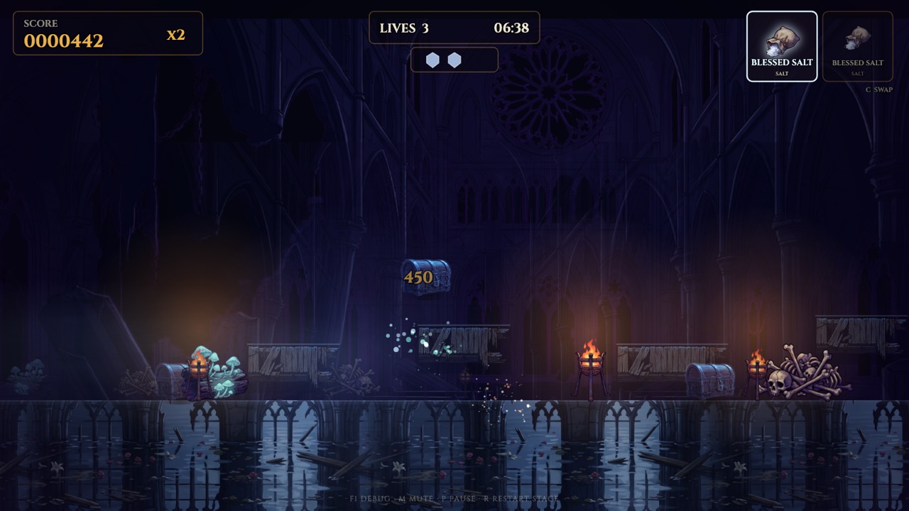 The flooded nave: a drowned cathedral with a rose window, torches and black water