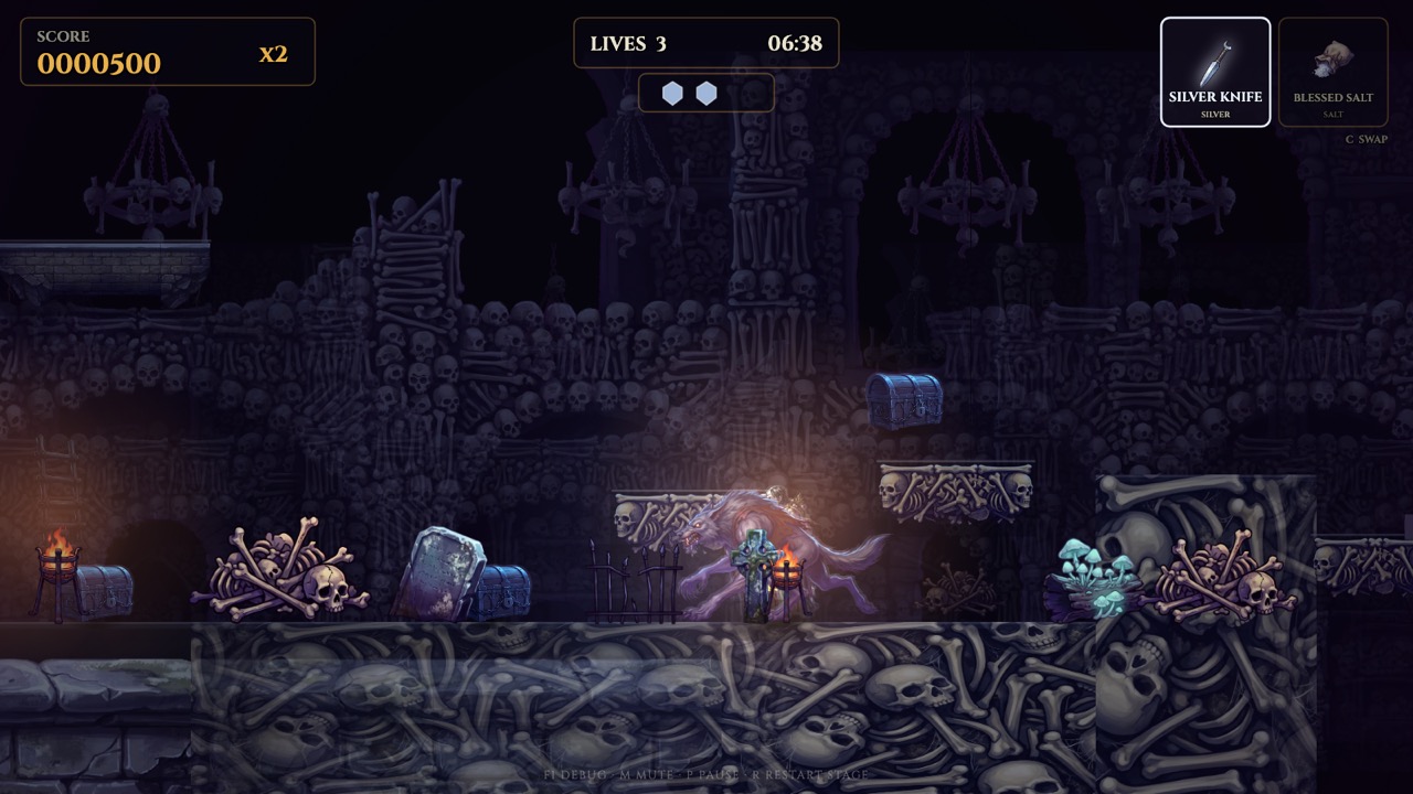 The ossuary: a werewolf lunges at the hunter in a corridor walled with skulls and bones