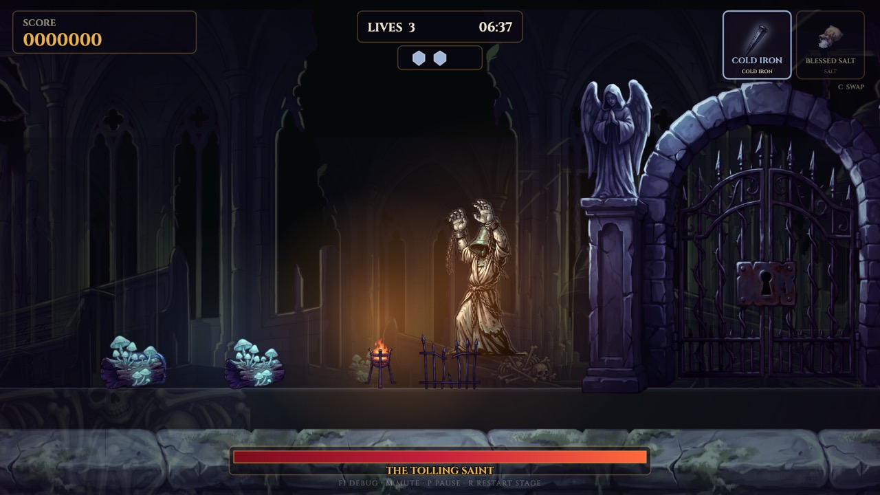 The Tolling Saint, a chained figure swinging a bell, before an iron gate flanked by a stone angel